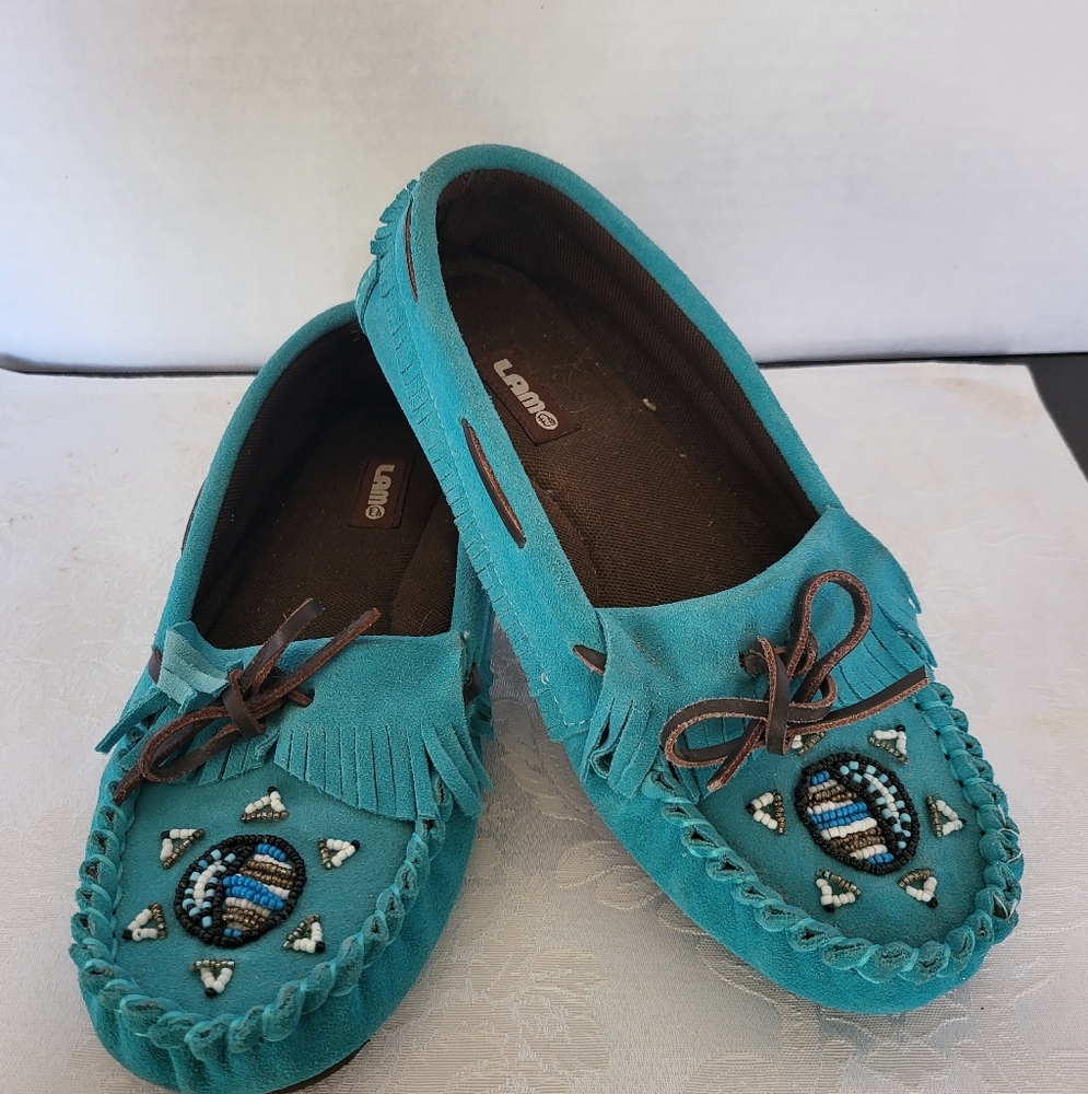 Aqua Teal Suede Slip On Beaded Fringed Memory Foam Slippers Sz 9